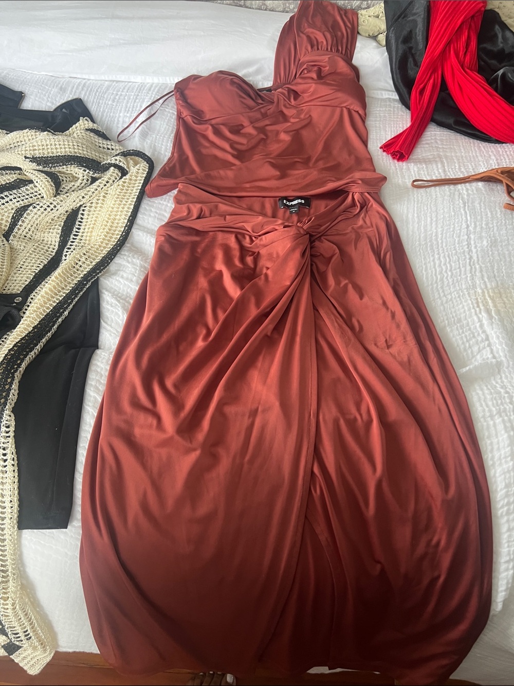 Rust Red Satin Twist-Front Maxi Dress